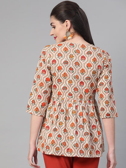 Women Cream & Orange Cotton Printed V-Neck Tunic | LASVINI - Redefining Indian Fashion with Elegance