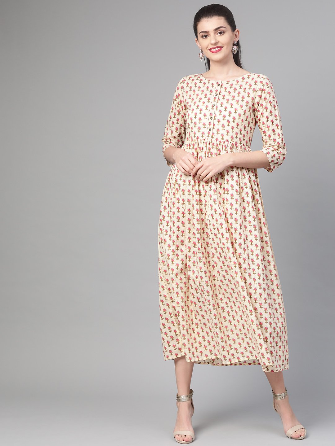 Women Cream & Pink Floral Printed Maxi Dress | LASVINI - Redefining Indian Fashion with Elegance