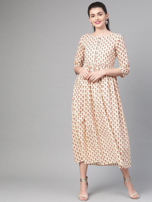 Women Cream & Pink Floral Printed Maxi Dress | LASVINI - Redefining Indian Fashion with Elegance