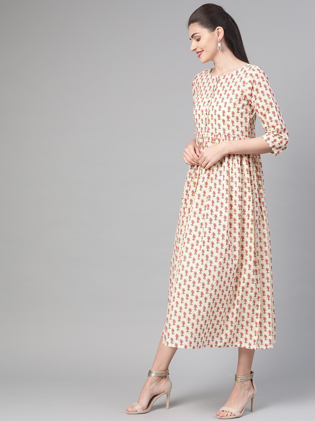 Women Cream & Pink Floral Printed Maxi Dress | LASVINI - Redefining Indian Fashion with Elegance