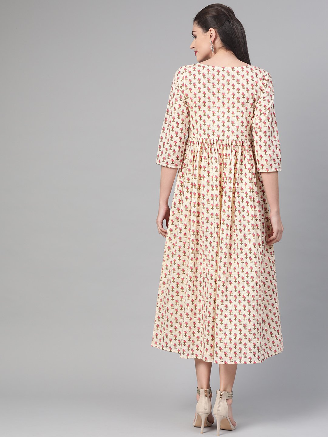 Women Cream & Pink Floral Printed Maxi Dress | LASVINI - Redefining Indian Fashion with Elegance