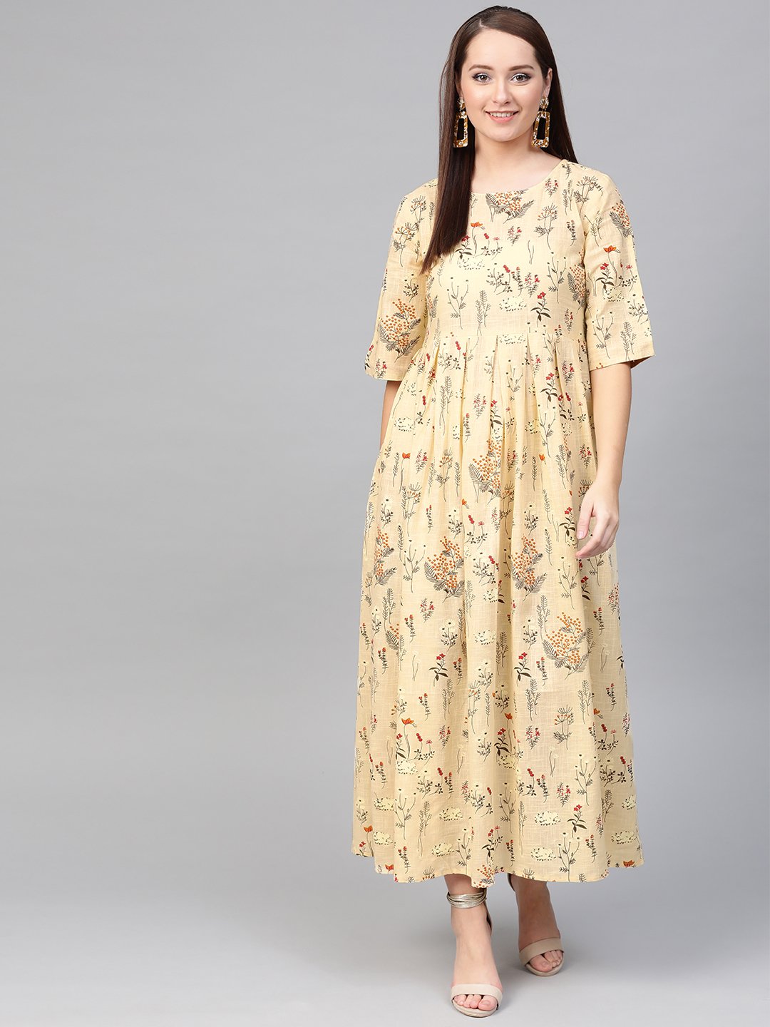 Women Cream & Orange Floral Printed Maxi Dress | LASVINI - Redefining Indian Fashion with Elegance
