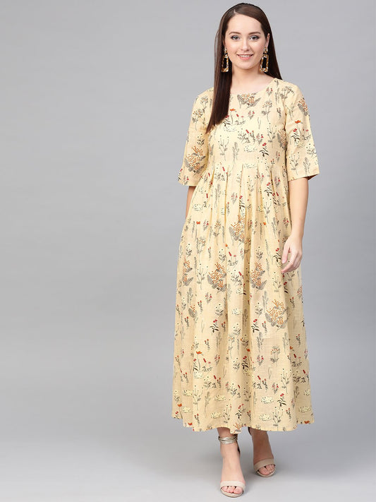 Women Cream & Orange Floral Printed Maxi Dress | LASVINI - Redefining Indian Fashion with Elegance