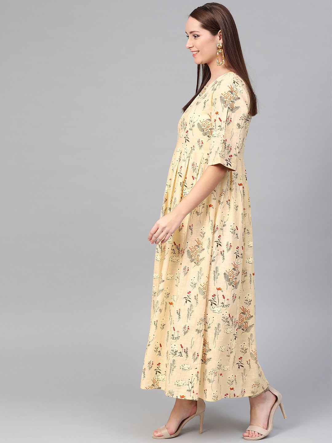 Women Cream & Orange Floral Printed Maxi Dress | LASVINI - Redefining Indian Fashion with Elegance