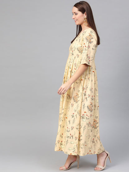 Women Cream & Orange Floral Printed Maxi Dress | LASVINI - Redefining Indian Fashion with Elegance