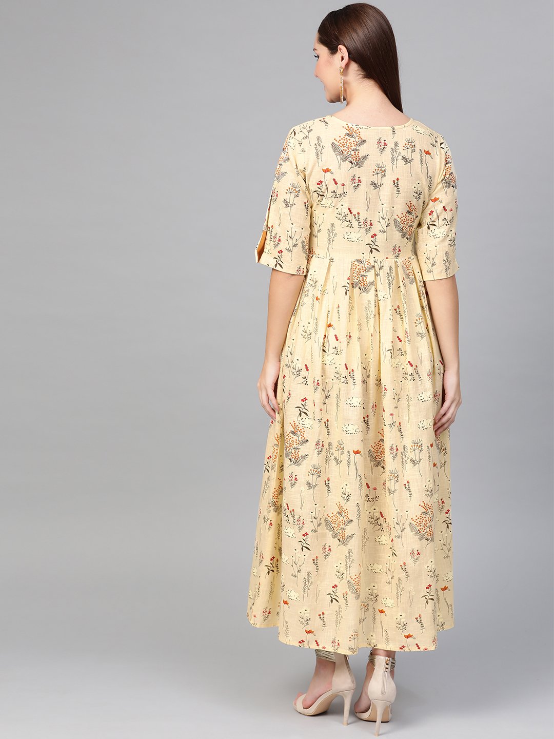 Women Cream & Orange Floral Printed Maxi Dress | LASVINI - Redefining Indian Fashion with Elegance