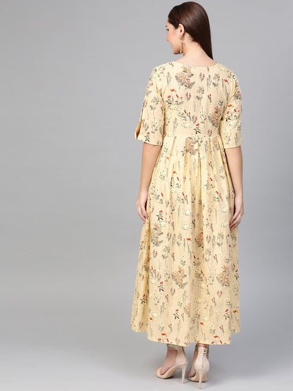 Women Cream & Orange Floral Printed Maxi Dress | LASVINI - Redefining Indian Fashion with Elegance