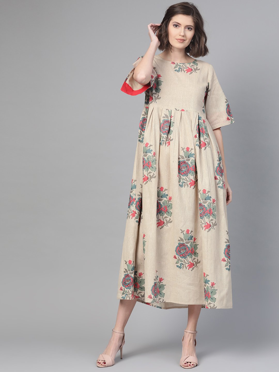 Women Cream & Coral Floral Printed Maxi Dress | LASVINI - Redefining Indian Fashion with Elegance