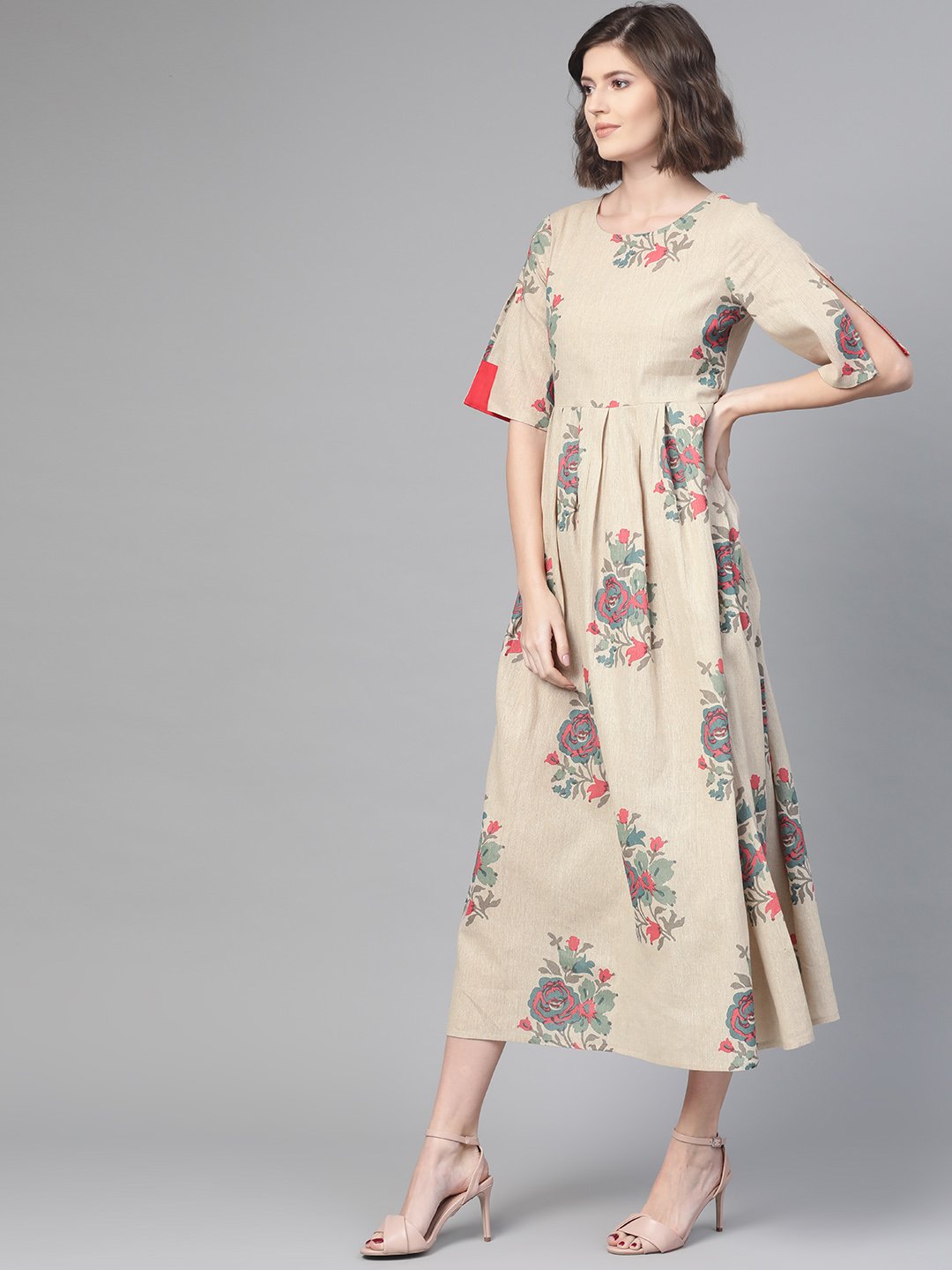 Women Cream & Coral Floral Printed Maxi Dress | LASVINI - Redefining Indian Fashion with Elegance