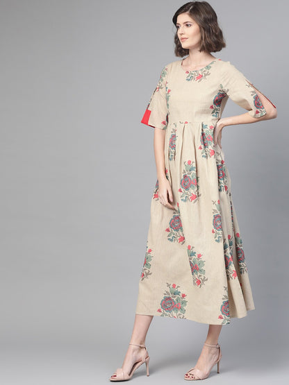 Women Cream & Coral Floral Printed Maxi Dress | LASVINI - Redefining Indian Fashion with Elegance