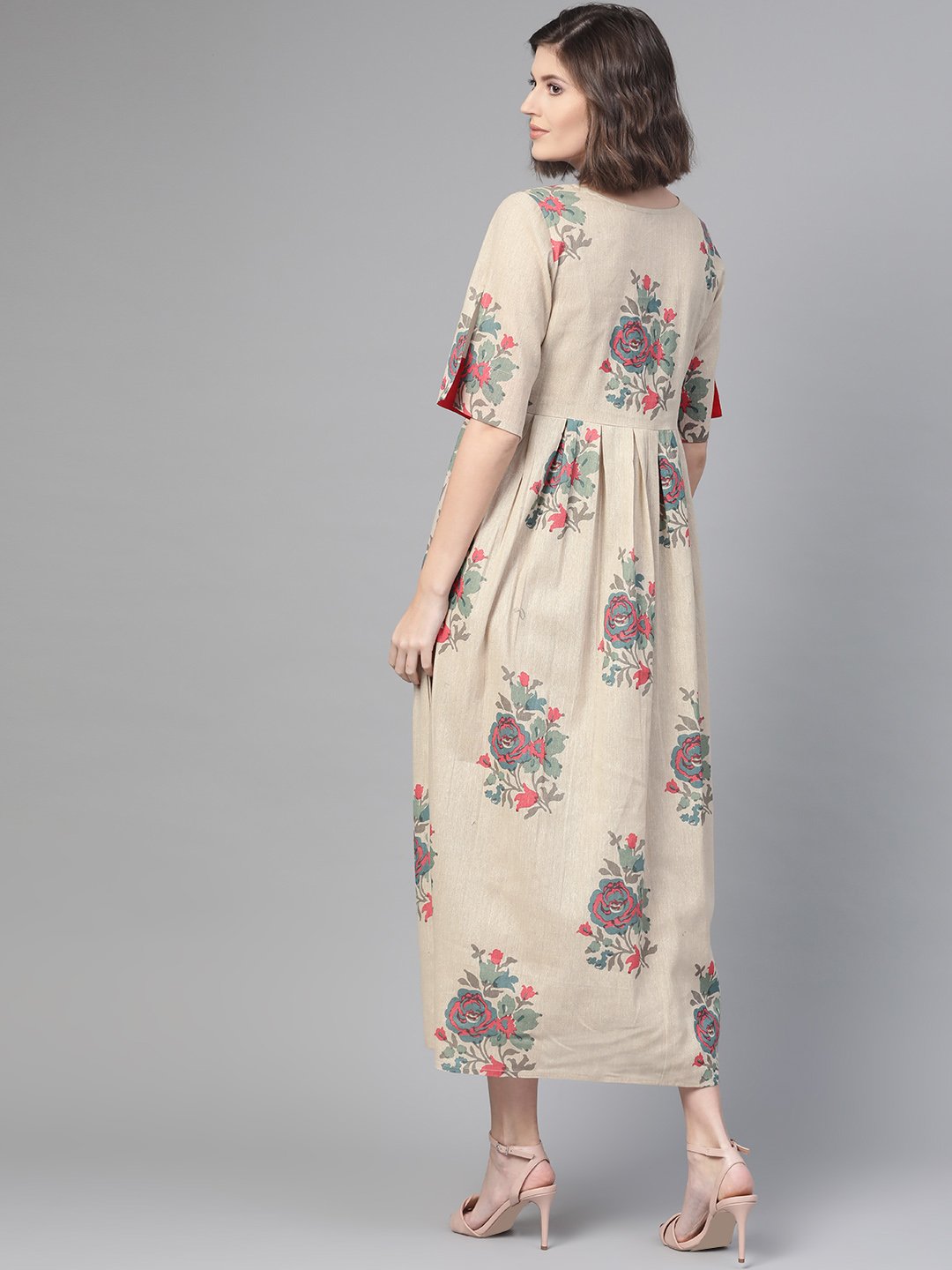 Women Cream & Coral Floral Printed Maxi Dress | LASVINI - Redefining Indian Fashion with Elegance