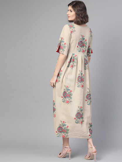 Women Cream & Coral Floral Printed Maxi Dress | LASVINI - Redefining Indian Fashion with Elegance