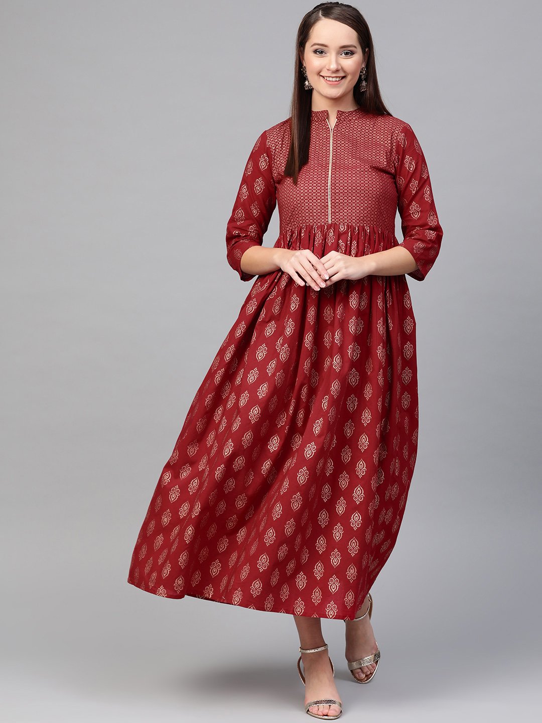Women Maroon & Gold Ethnic Motifs Printed Maxi Dress | LASVINI - Redefining Indian Fashion with Elegance