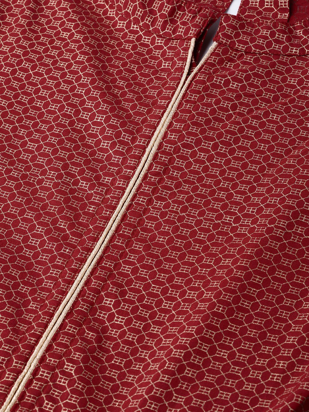 Women Maroon & Gold Ethnic Motifs Printed Maxi Dress | LASVINI - Redefining Indian Fashion with Elegance