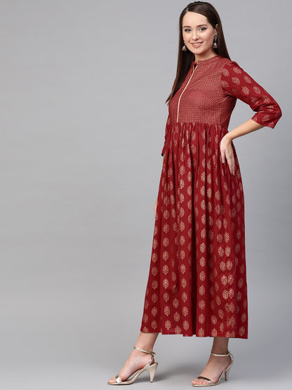 Women Maroon & Gold Ethnic Motifs Printed Maxi Dress | LASVINI - Redefining Indian Fashion with Elegance