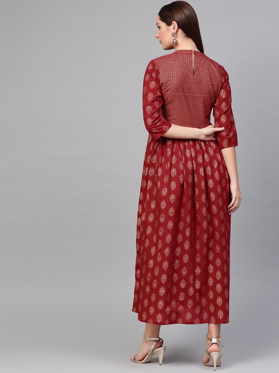 Women Maroon & Gold Ethnic Motifs Printed Maxi Dress | LASVINI - Redefining Indian Fashion with Elegance