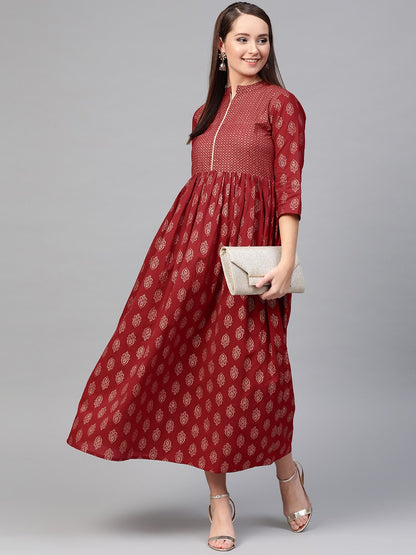 Women Maroon & Gold Ethnic Motifs Printed Maxi Dress | LASVINI - Redefining Indian Fashion with Elegance