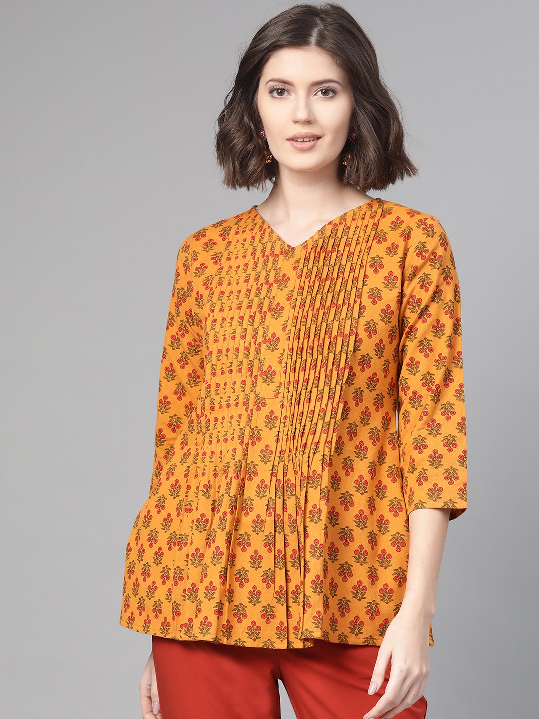 Women Mustard & Red A-Line Printed Top | LASVINI - Redefining Indian Fashion with Elegance