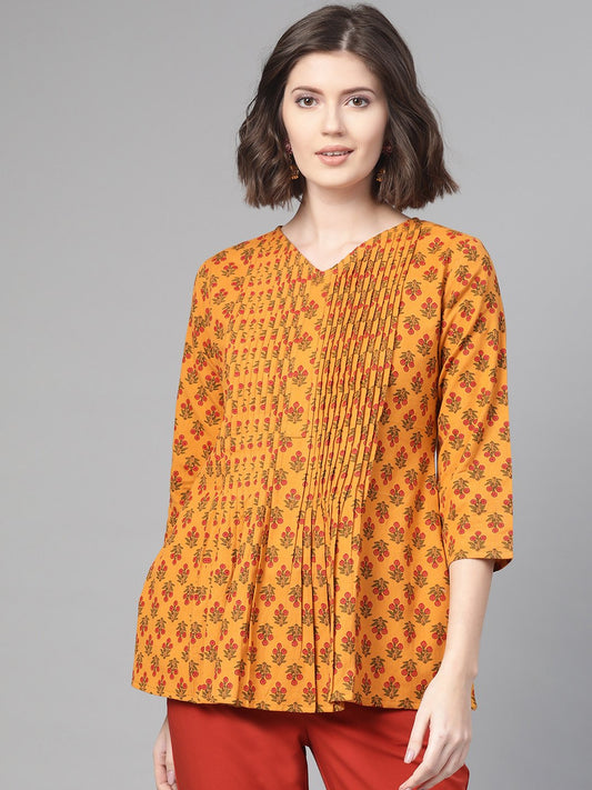 Women Mustard & Red A-Line Printed Top | LASVINI - Redefining Indian Fashion with Elegance