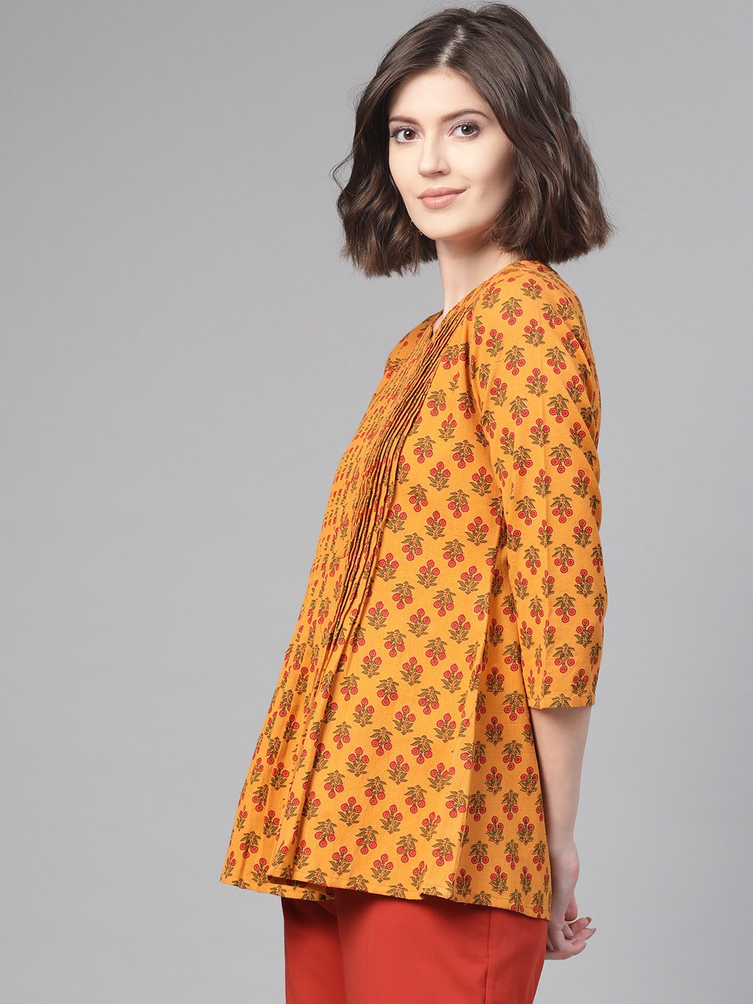 Women Mustard & Red A-Line Printed Top | LASVINI - Redefining Indian Fashion with Elegance
