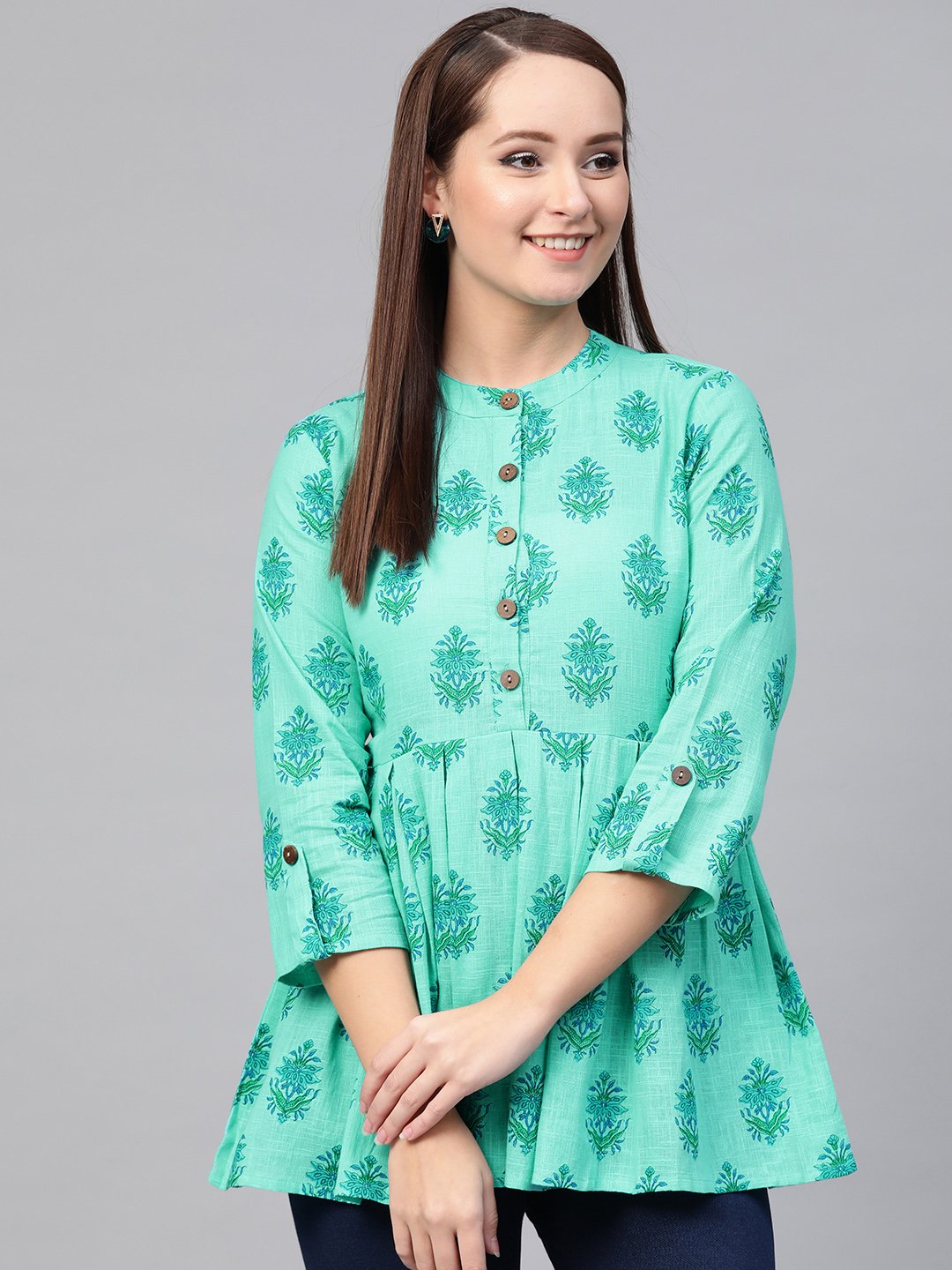 Women Blue & Green Cotton Printed Mandarin Collar Tunic | LASVINI - Redefining Indian Fashion with Elegance