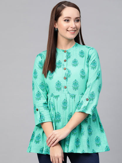 Women Blue & Green Cotton Printed Mandarin Collar Tunic | LASVINI - Redefining Indian Fashion with Elegance