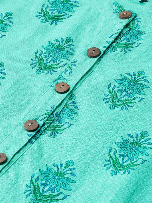 Women Blue & Green Cotton Printed Mandarin Collar Tunic | LASVINI - Redefining Indian Fashion with Elegance