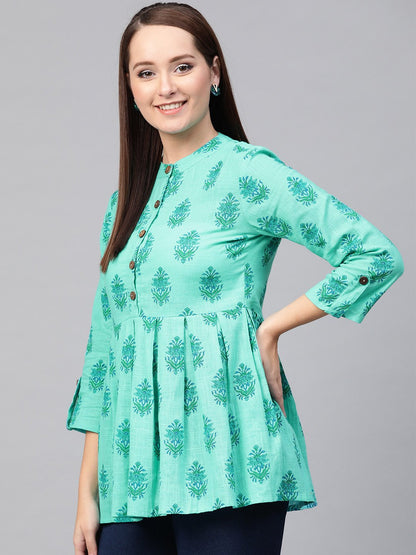 Women Blue & Green Cotton Printed Mandarin Collar Tunic | LASVINI - Redefining Indian Fashion with Elegance