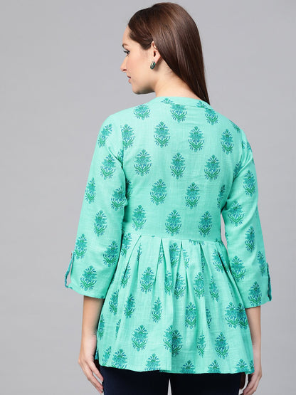 Women Blue & Green Cotton Printed Mandarin Collar Tunic | LASVINI - Redefining Indian Fashion with Elegance