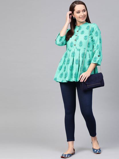 Women Blue & Green Cotton Printed Mandarin Collar Tunic | LASVINI - Redefining Indian Fashion with Elegance