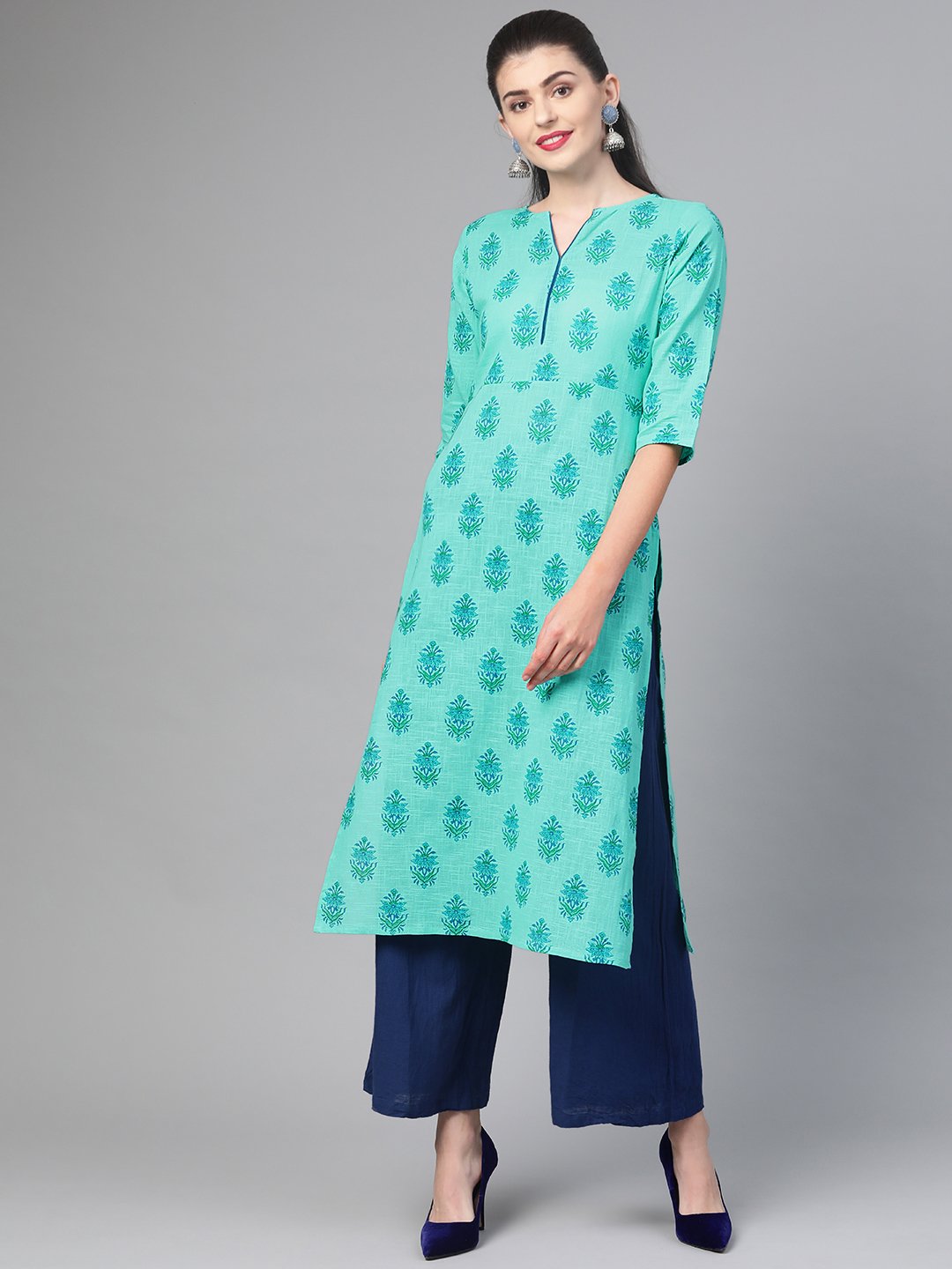 Women Blue & Green Cotton Straight Floral Printed Kurta | LASVINI - Redefining Indian Fashion with Elegance