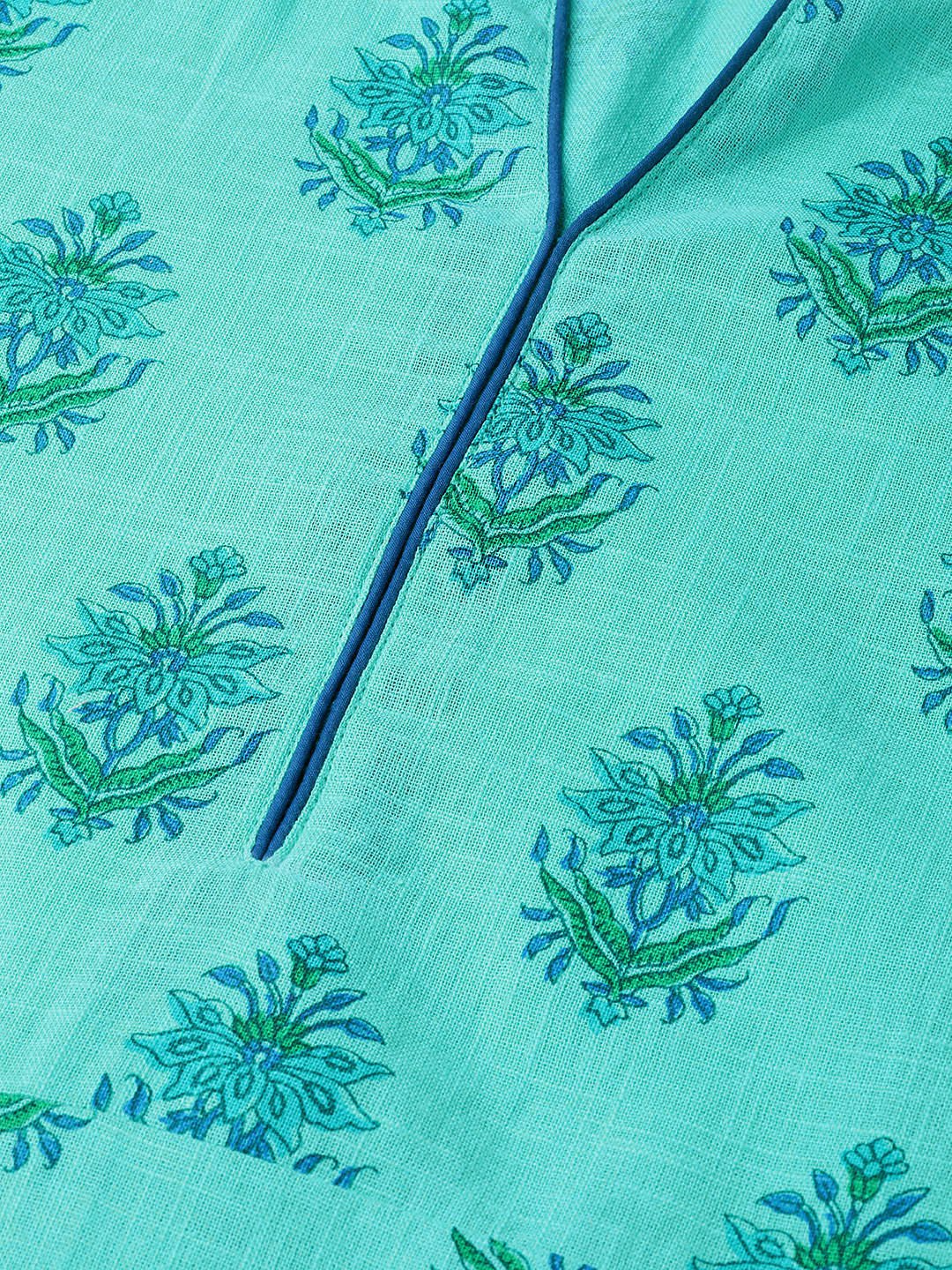 Women Blue & Green Cotton Straight Floral Printed Kurta | LASVINI - Redefining Indian Fashion with Elegance