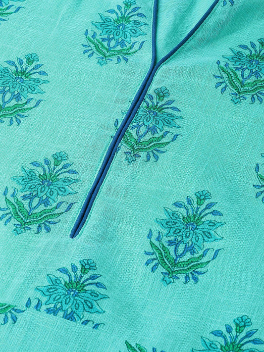 Women Blue & Green Cotton Straight Floral Printed Kurta | LASVINI - Redefining Indian Fashion with Elegance