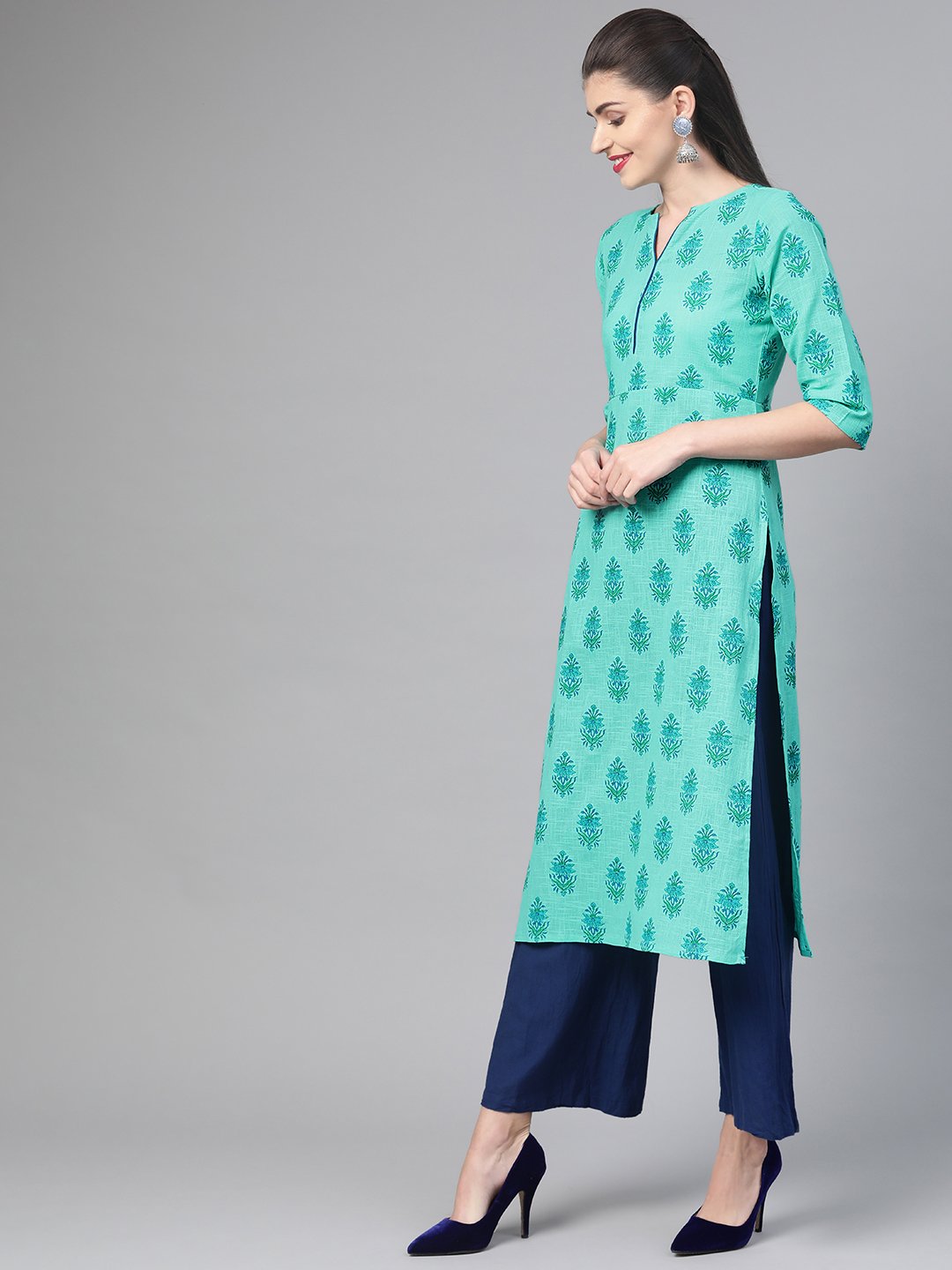 Women Blue & Green Cotton Straight Floral Printed Kurta | LASVINI - Redefining Indian Fashion with Elegance
