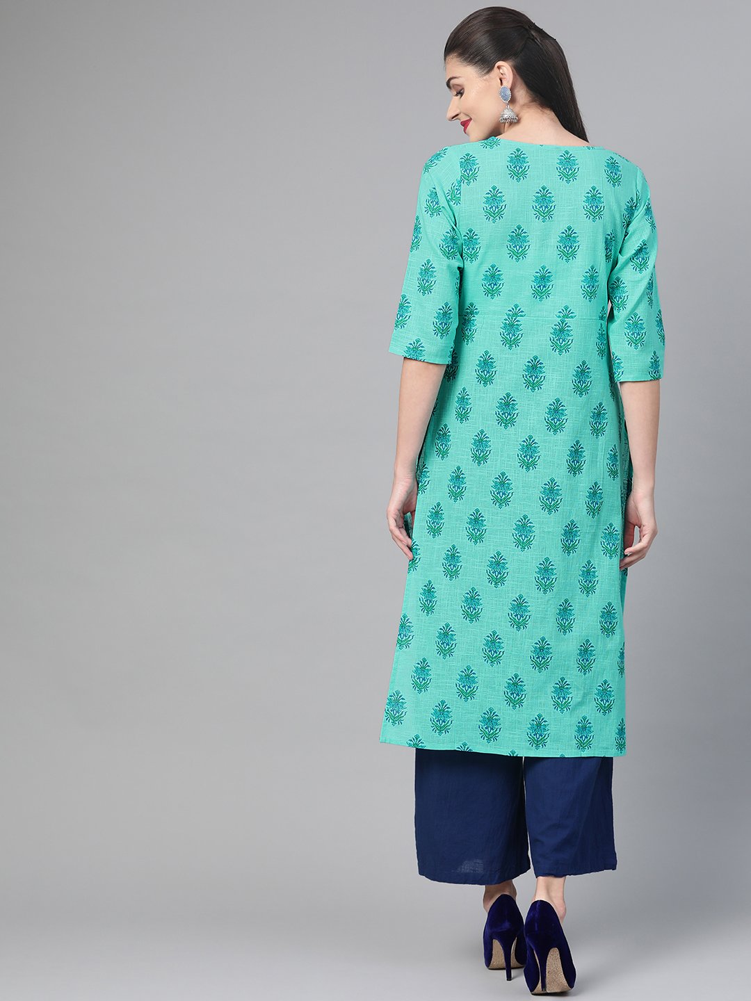 Women Blue & Green Cotton Straight Floral Printed Kurta | LASVINI - Redefining Indian Fashion with Elegance