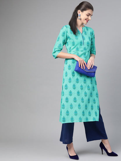 Women Blue & Green Cotton Straight Floral Printed Kurta | LASVINI - Redefining Indian Fashion with Elegance