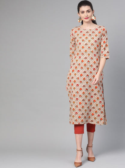 Women Cream & Orange Cotton Straight Floral Printed Kurta | LASVINI - Redefining Indian Fashion with Elegance