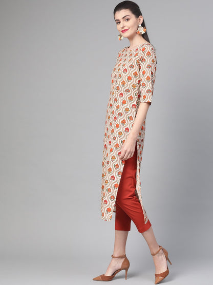 Women Cream & Orange Cotton Straight Floral Printed Kurta | LASVINI - Redefining Indian Fashion with Elegance