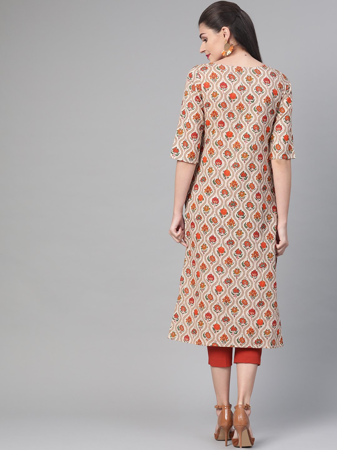 Women Cream & Orange Cotton Straight Floral Printed Kurta | LASVINI - Redefining Indian Fashion with Elegance