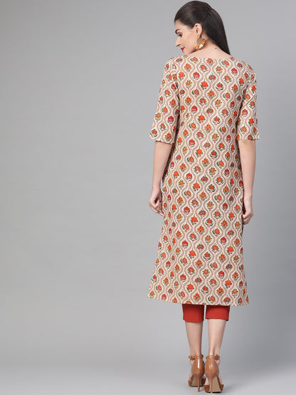 Women Cream & Orange Cotton Straight Floral Printed Kurta | LASVINI - Redefining Indian Fashion with Elegance