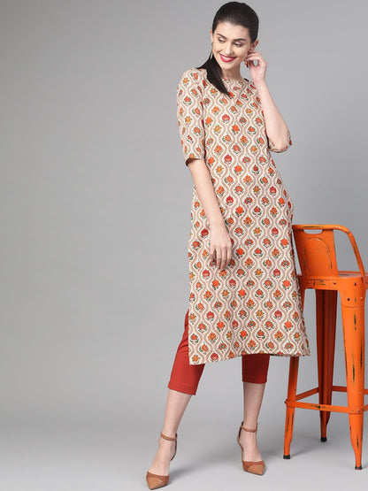 Women Cream & Orange Cotton Straight Floral Printed Kurta | LASVINI - Redefining Indian Fashion with Elegance