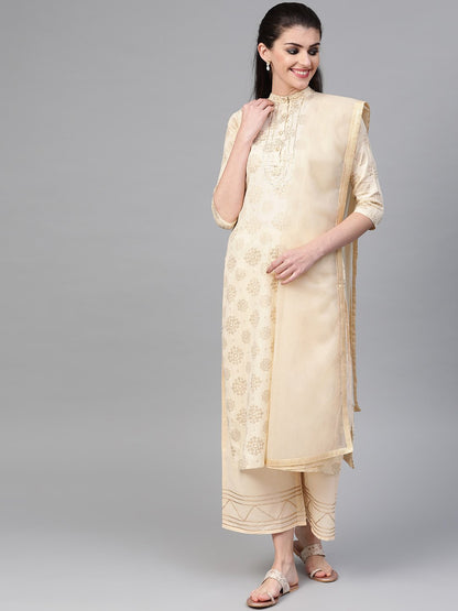 Women Cream & Gold Straight Ethnic Motifs Printed Kurta And Palazzos Set | LASVINI - Redefining Indian Fashion with Elegance