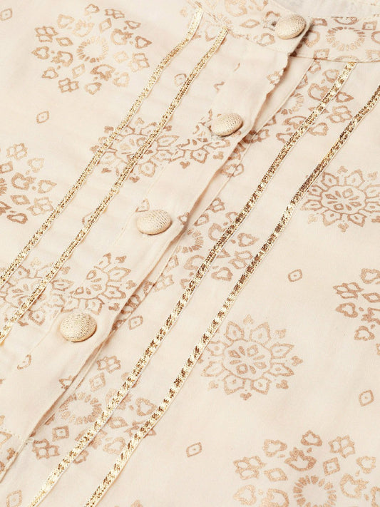 Women Cream & Gold Straight Ethnic Motifs Printed Kurta And Palazzos Set | LASVINI - Redefining Indian Fashion with Elegance