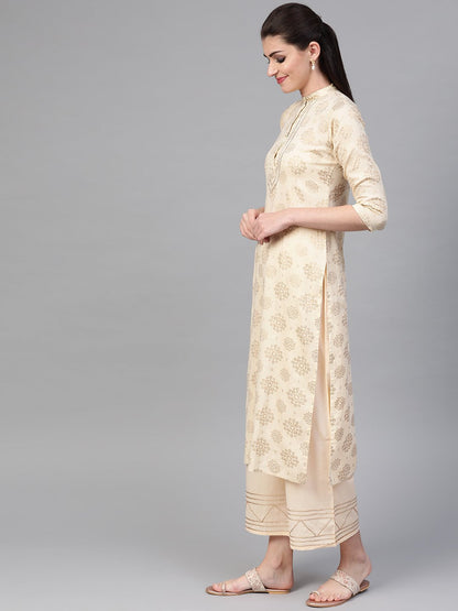 Women Cream & Gold Straight Ethnic Motifs Printed Kurta And Palazzos Set | LASVINI - Redefining Indian Fashion with Elegance