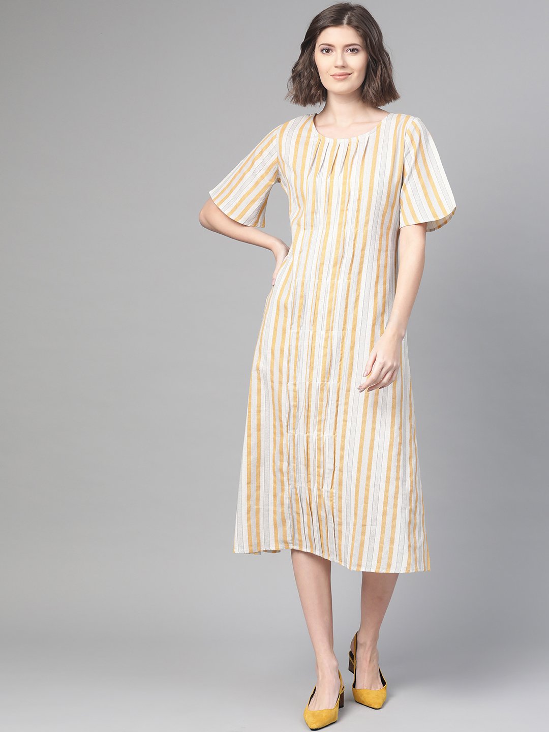 Women Off White & Mustard Striped Striped A-Line Dress | LASVINI - Redefining Indian Fashion with Elegance