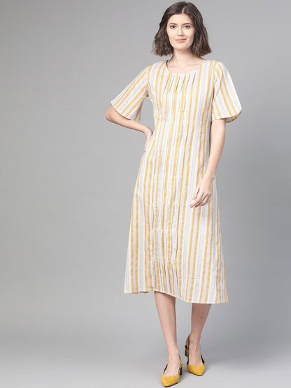Women Off White & Mustard Striped Striped A-Line Dress | LASVINI - Redefining Indian Fashion with Elegance