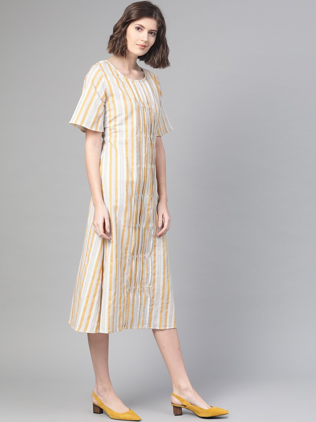 Women Off White & Mustard Striped Striped A-Line Dress | LASVINI - Redefining Indian Fashion with Elegance