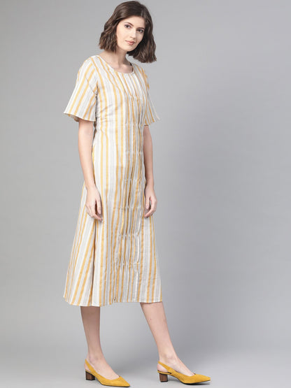 Women Off White & Mustard Striped Striped A-Line Dress | LASVINI - Redefining Indian Fashion with Elegance