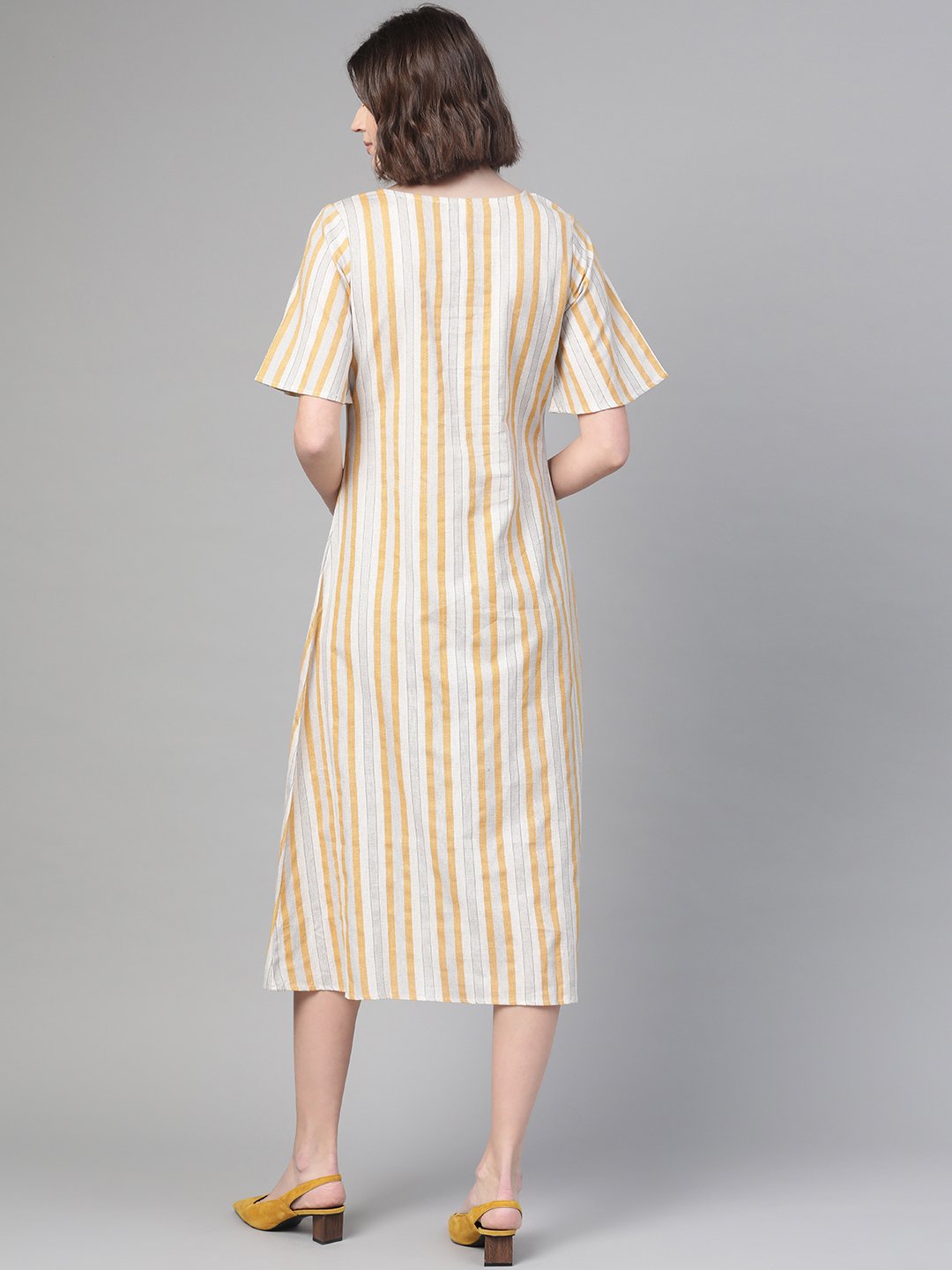 Women Off White & Mustard Striped Striped A-Line Dress | LASVINI - Redefining Indian Fashion with Elegance