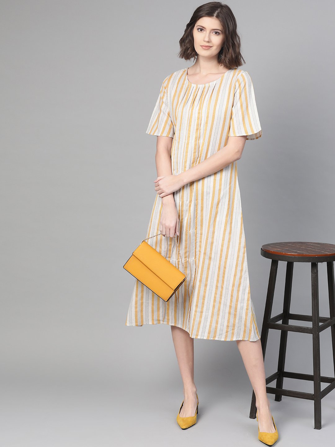 Women Off White & Mustard Striped Striped A-Line Dress | LASVINI - Redefining Indian Fashion with Elegance
